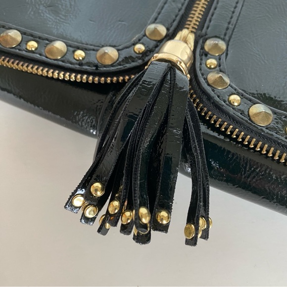 Black Patent Leather Clutch with Zipper Studded Tassel Accent Details Bag - Picture 8 of 11